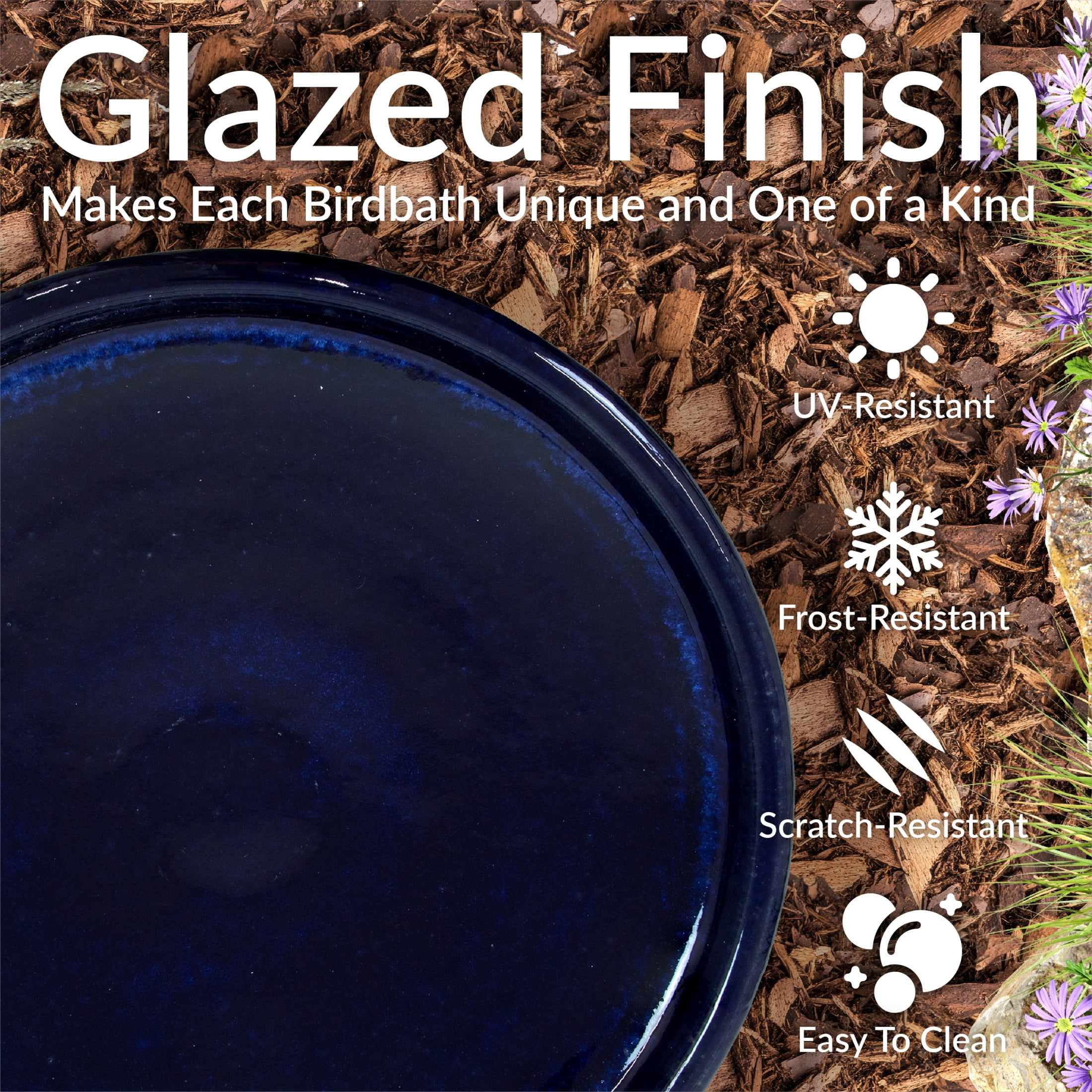 Sunnydaze Duo-Tone Freestanding Ceramic Outdoor Bird Bath, UV-Resistant Midnight Blue Finish