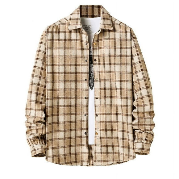 Men‘s Casual Cotton Plaid Shirts Long Sleeve Button-Down Flannel Overshirt Jacket