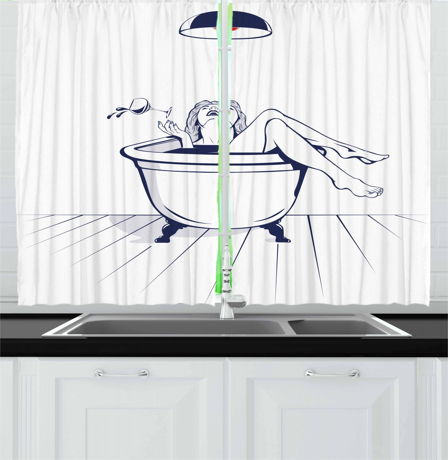 Wine Curtains 2 Panels Set, Young Beautiful Woman Relaxing on the Bathroom with Glass of Wine Drawing Art, Window Drapes for Living Room Bedroom, 55W X 39L Inches, Dark Blue Red White, by Ambesonne