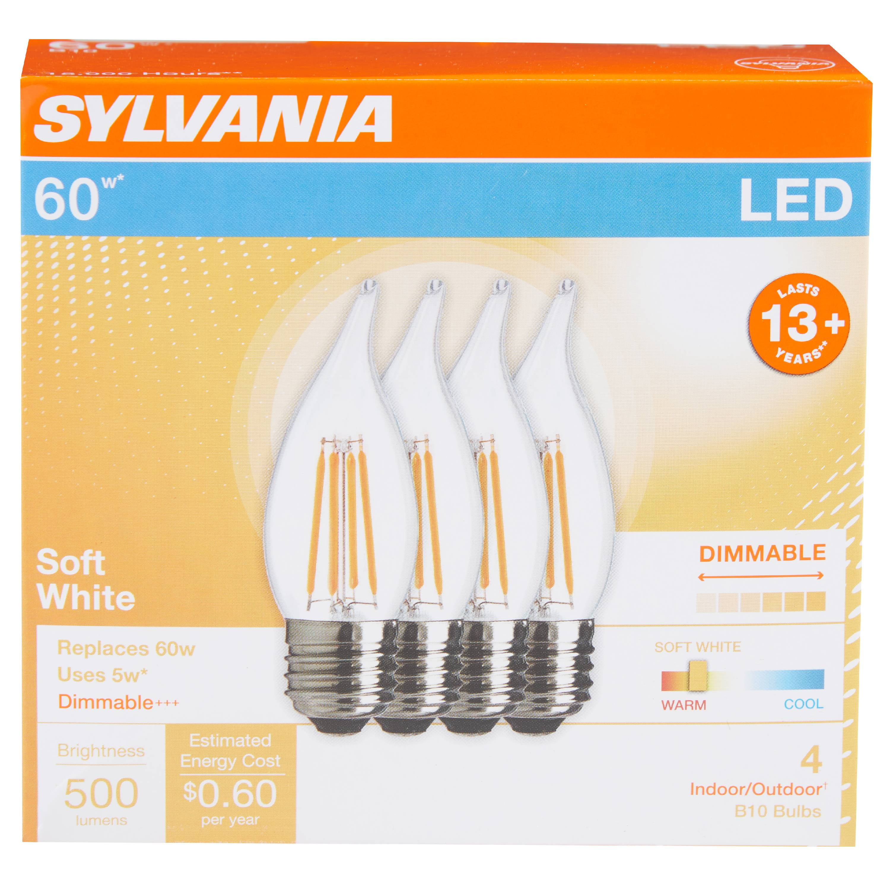 SYLVANIA LED B10 Light Bulb, 60 Watt, Dimmable, Soft White, 4 Pack
