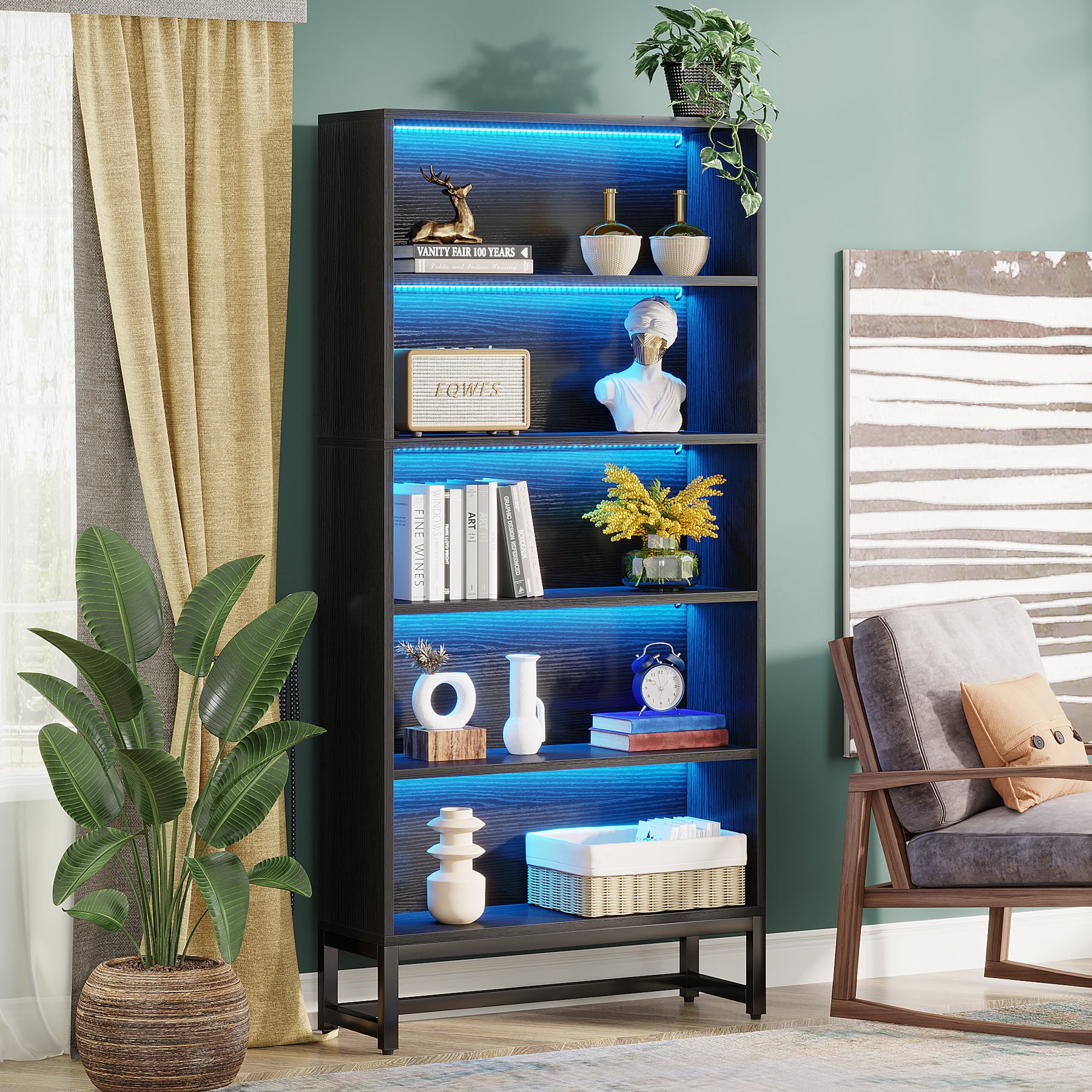 Tribesigns 70.8" Tall Bookcase with LED Lights, 5-Tier Large Bookshelf Heavy Duty Bookcases Organizer Free-Standing Library Bookshelf, Black