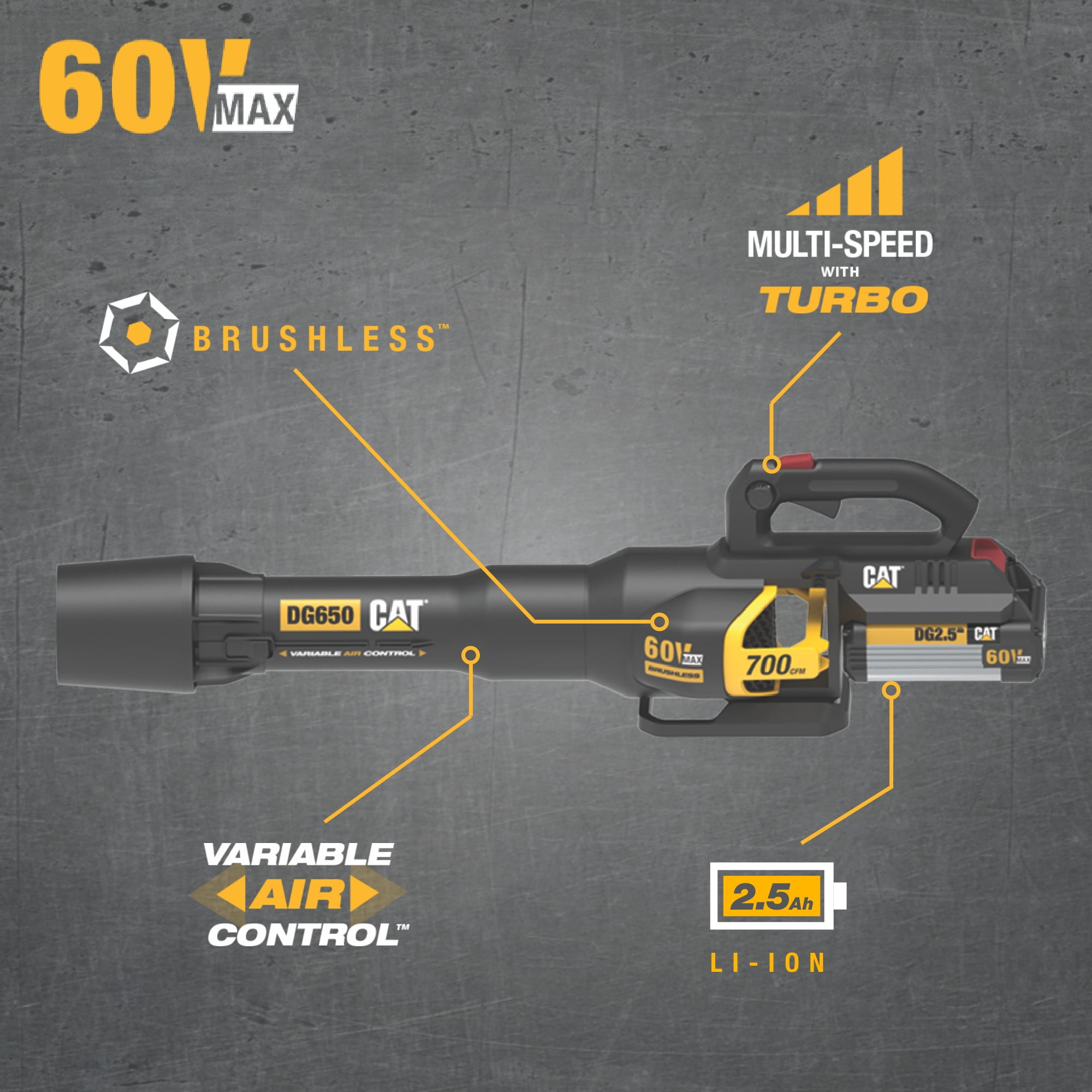 Caterpillar Cat® DG650 60V 700 CFM 135 MPH Brushless Leaf Blower (2.5ah Battery & Charger Included)
