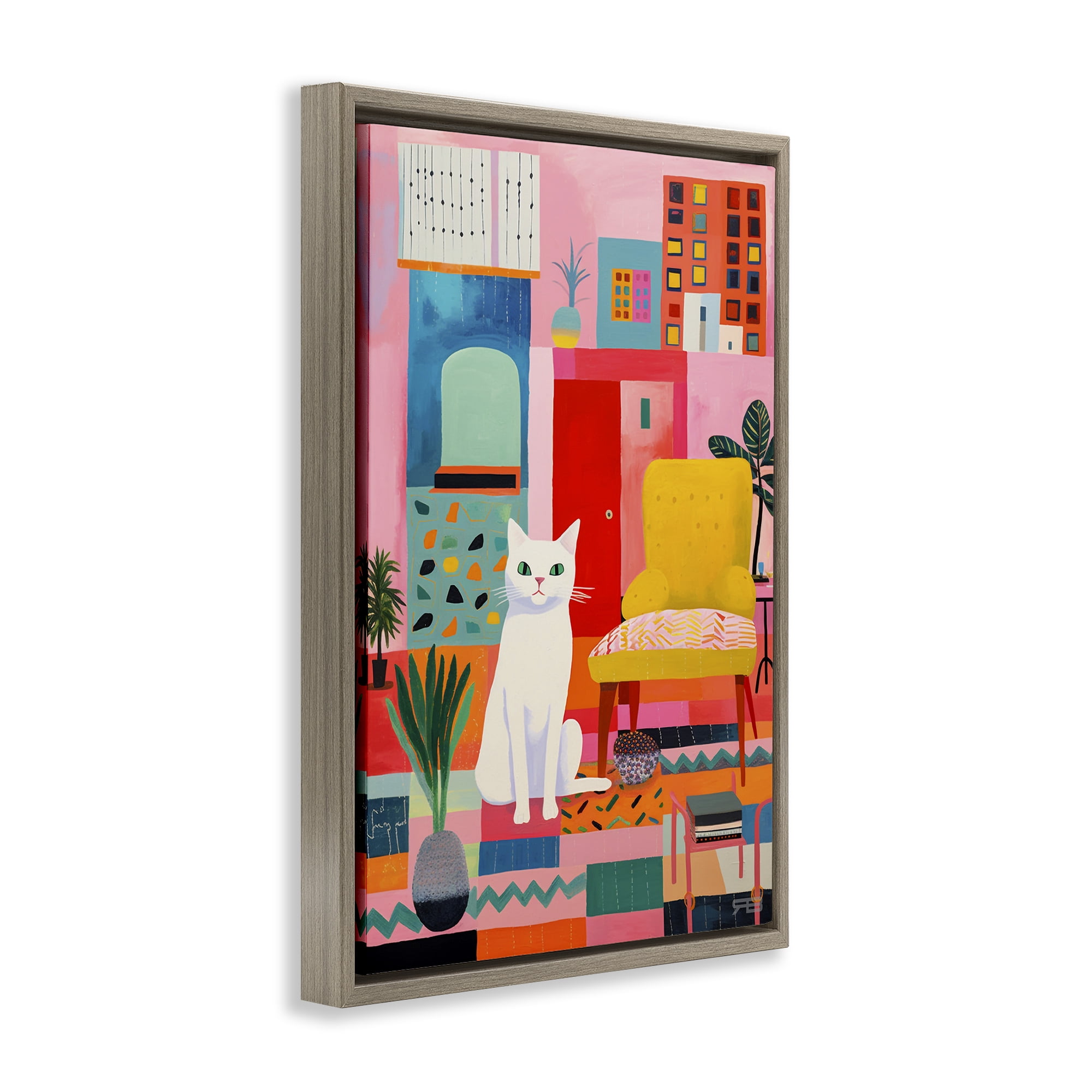 Stupell Industries Cat in Eclectic Interior Animals & Insects Painting Brown Floater Framed Canvas Art Print Wall Art, 21 x 31