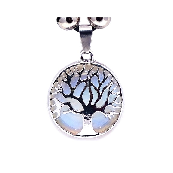 Tree of Life Round Silver Metal Healing Gemstone Crystal Cabochon Pendant Adjustable Necklace - Womens Fashion Handmade Celestial Jewelry Boho Accessories
