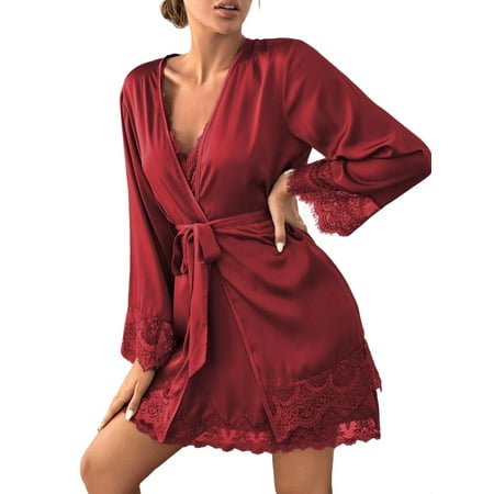 

Women s Nightwear Lace Satin Nightdress With Belted Robe 2 pcs Pj Set