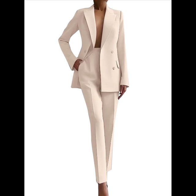 Conjuntos de Dos Piezas para Mujer: Blazer Cruzado y Pantalón Recto de Trabajo, Trajes de Negocios Elegantes e Informales Albaricoque XL