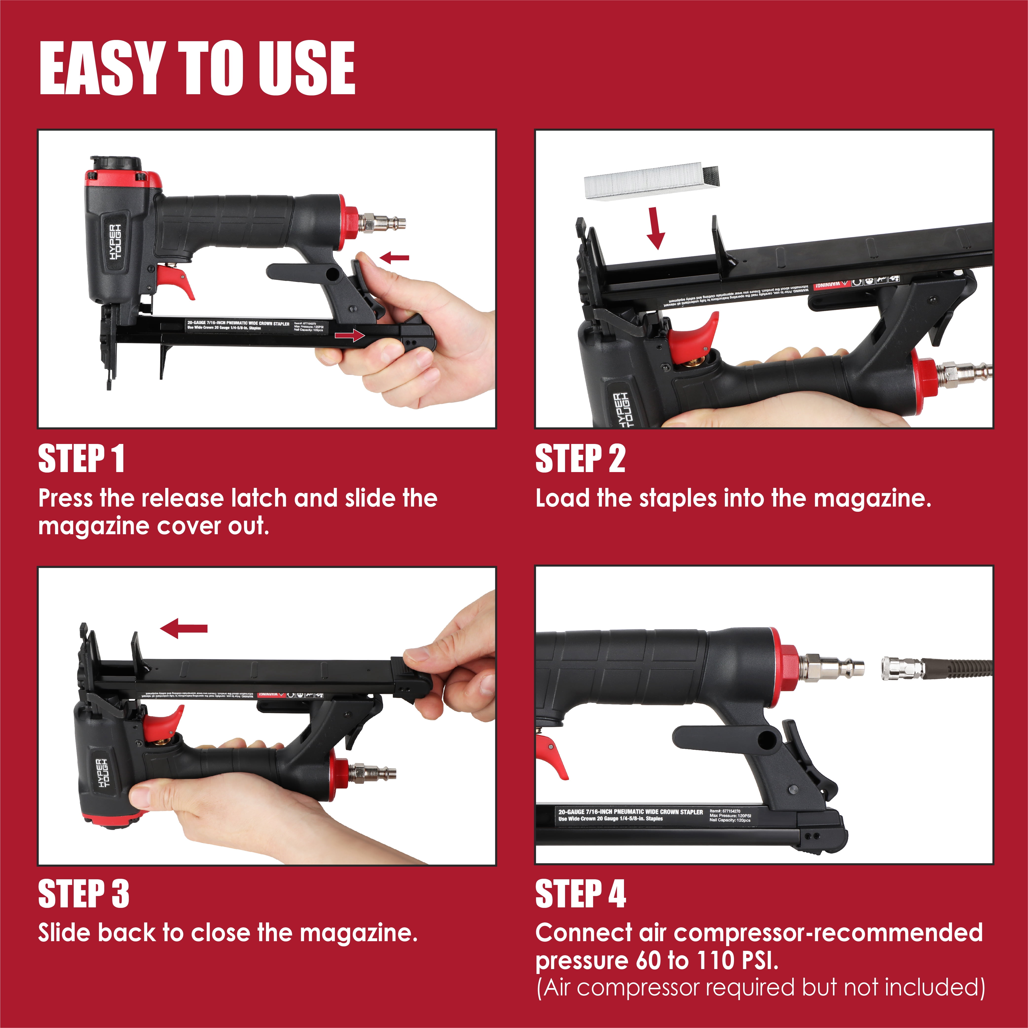 Hyper Tough 20-Gauge 7/16 inch Pneumatic Wide Crown Stapler