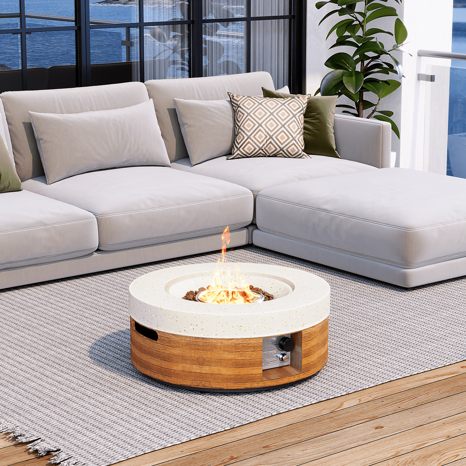 MOALCOFER 28'' Round Concrete Fire Pit Table,Dual-Texture Design with Lava Rocks and Cover