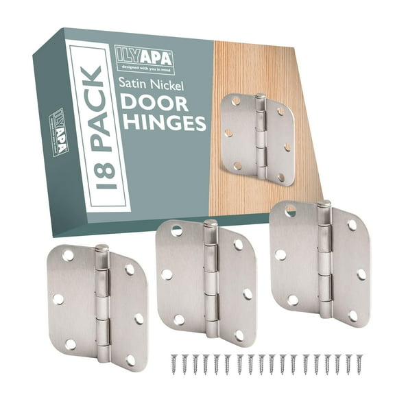Ilyapa 18 Pack Brushed Nickel Hinges for Doors, 3.5 x 3.5 Inch Interior Satin Nickel Hinges Hardware, for Front Door, 5/8 Inch Radius Corners