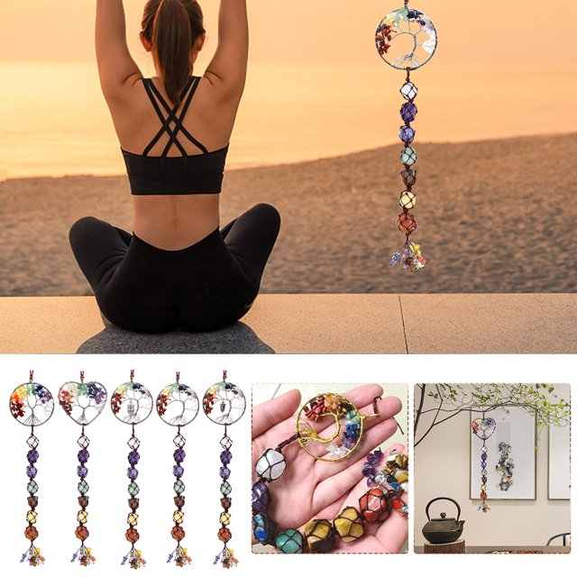 Colgante de cristal curativo de 7 chakras - Adorno de piedra preciosa natural tejido a mano para decoración del hogar y la oficina - 125g