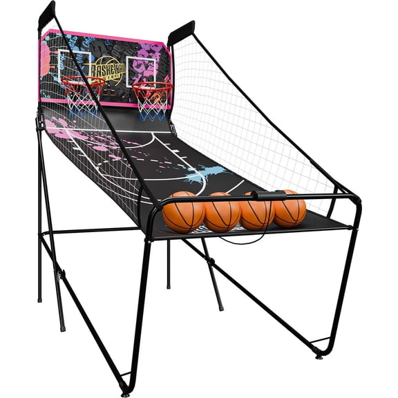 WSSYzyzf Foldable Electronic Basketball Arcade Game, Double Shot 2-Player Game in Black/Purple with 4 Balls, Indoor Sports Fun with Score Tracking for Family Game Night