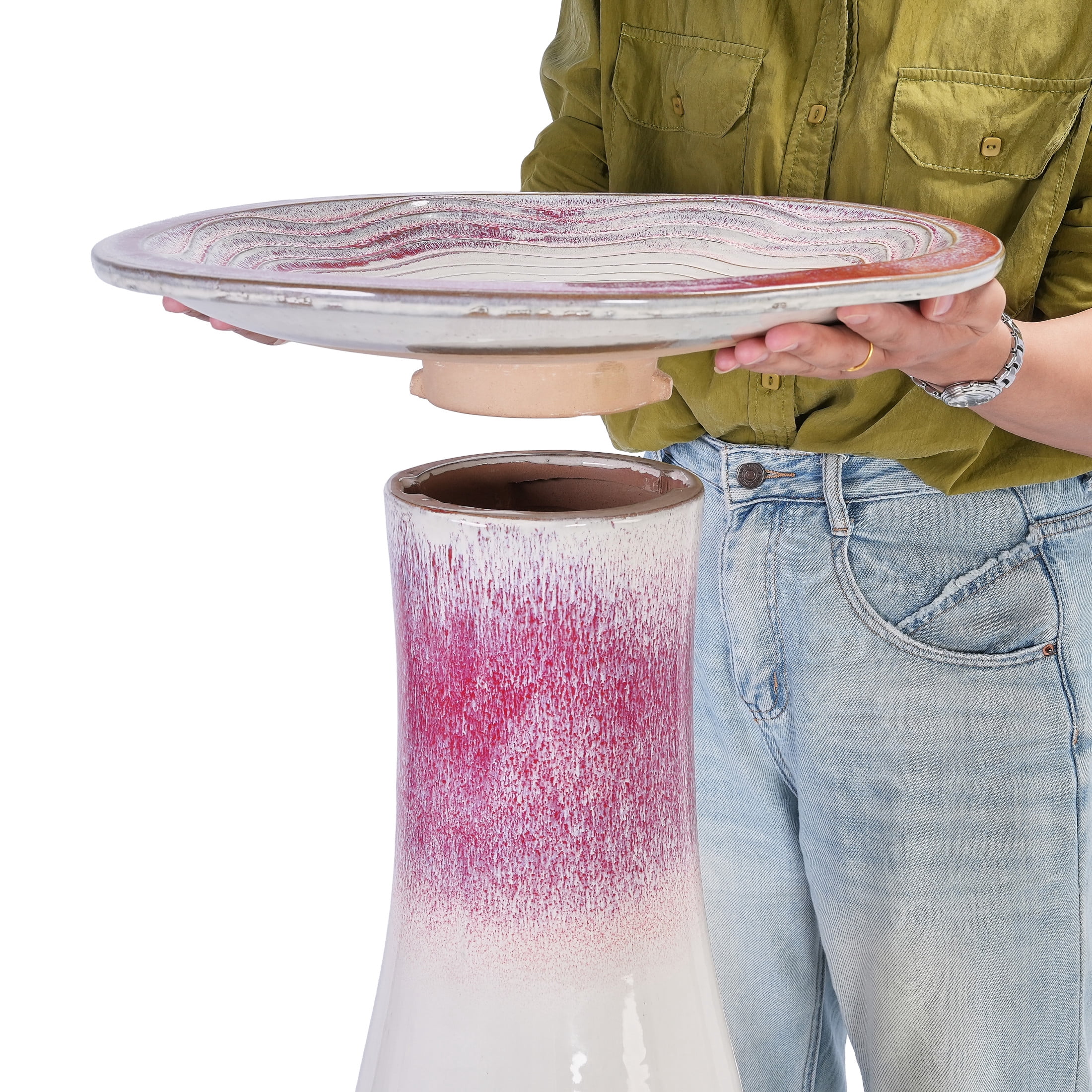 Noble House Barnaby Ceramic Birdbath, Ombre Glaze with Striped Detailing, Modern Outdoor Garden Accent, White + Pink