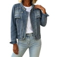 thumbnail image 2 of Sheghy Denim Jacket for Women Solid Stand Collar Button Long Sleeve Casual Navy M, 2 of 6