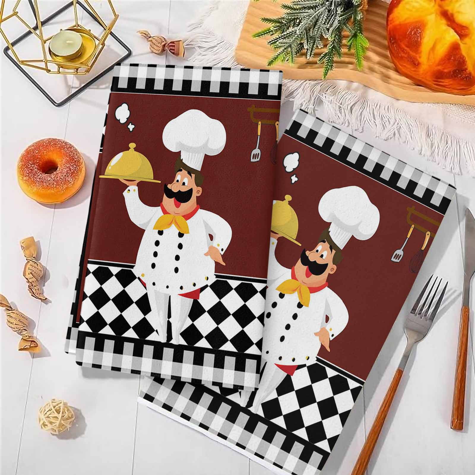Dish Towels, Cartoon Chef Absorbent Kitchen Towels 2 PCS, Kitchen Gourmet Black Plaid Microfiber Hand Towels Dish Cloths Tea Towels for Home&nbsp;Bathroom Cleaning Drying,18X28-Inch,
