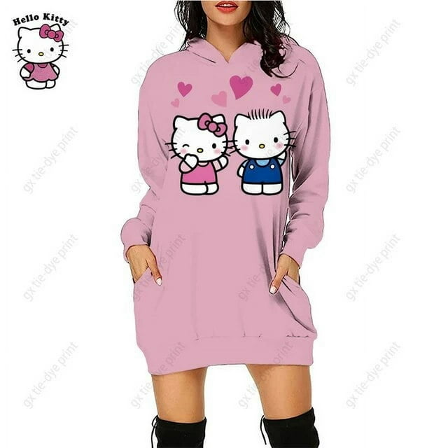 Chandail en Molleton Imprimé Hello Kitty d'Automne pour Femmes, Robe à Capuche à Col Rond, Confortable pour les Trajets Quotidiens, Tenue Décontractée 2023 Rose