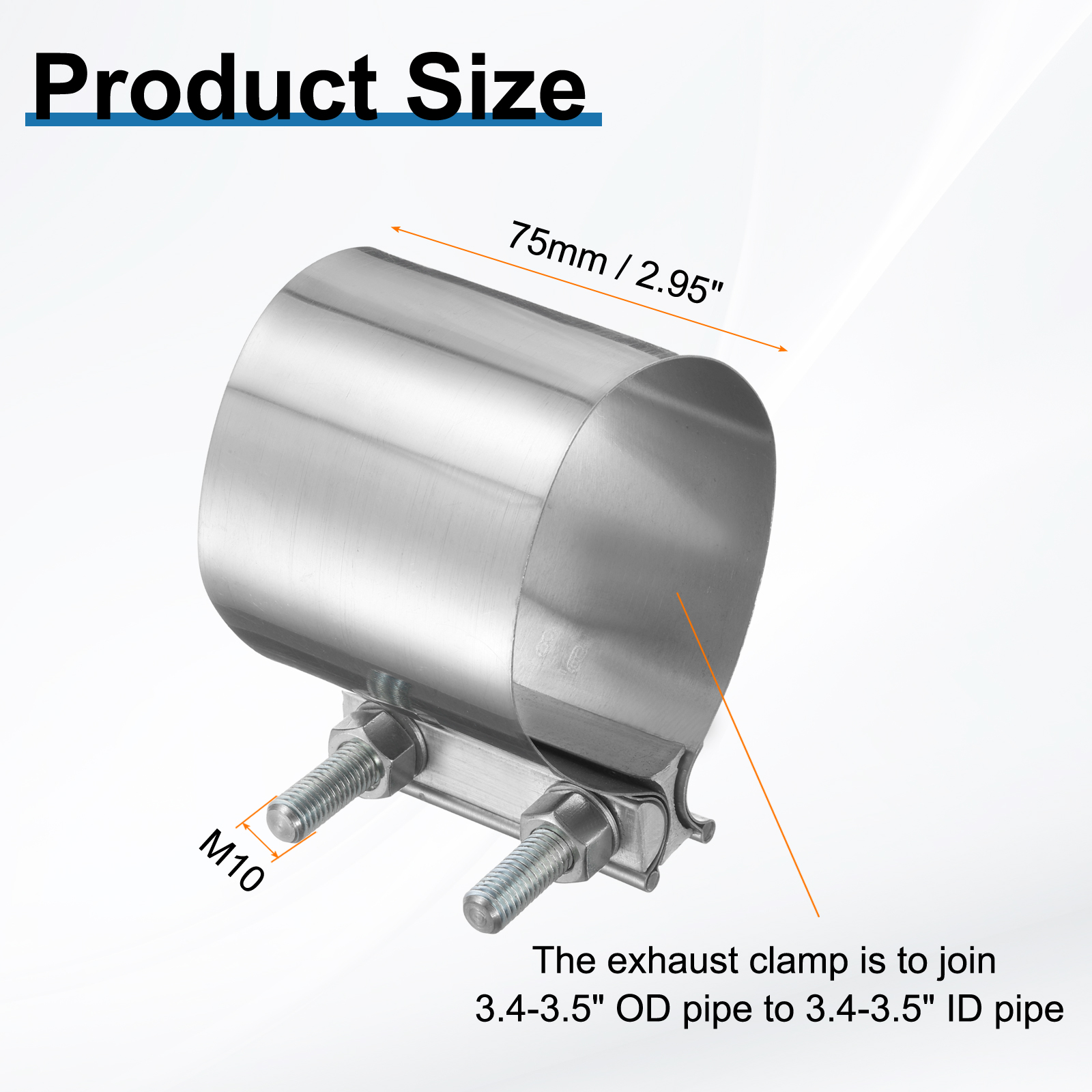 2pcs Exhaust Clamp 3.4-3.5" Stainless Steel Lap Joint Band Clamp Exhaust Pipes Connection with M10 Screws for Car Muffler Elbow Pipes