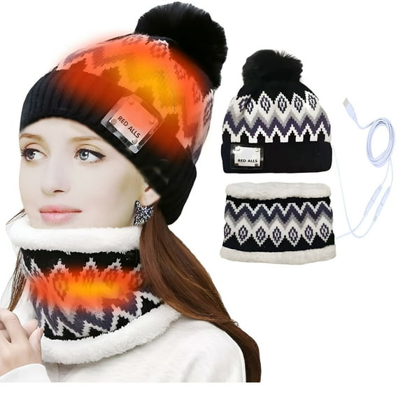 TELOLY USB Heated Hat Scarf Set Winter Knitted Beanie Hats and Charging Neck Scarf Warmer for Women Winter Two Piece Heating Set