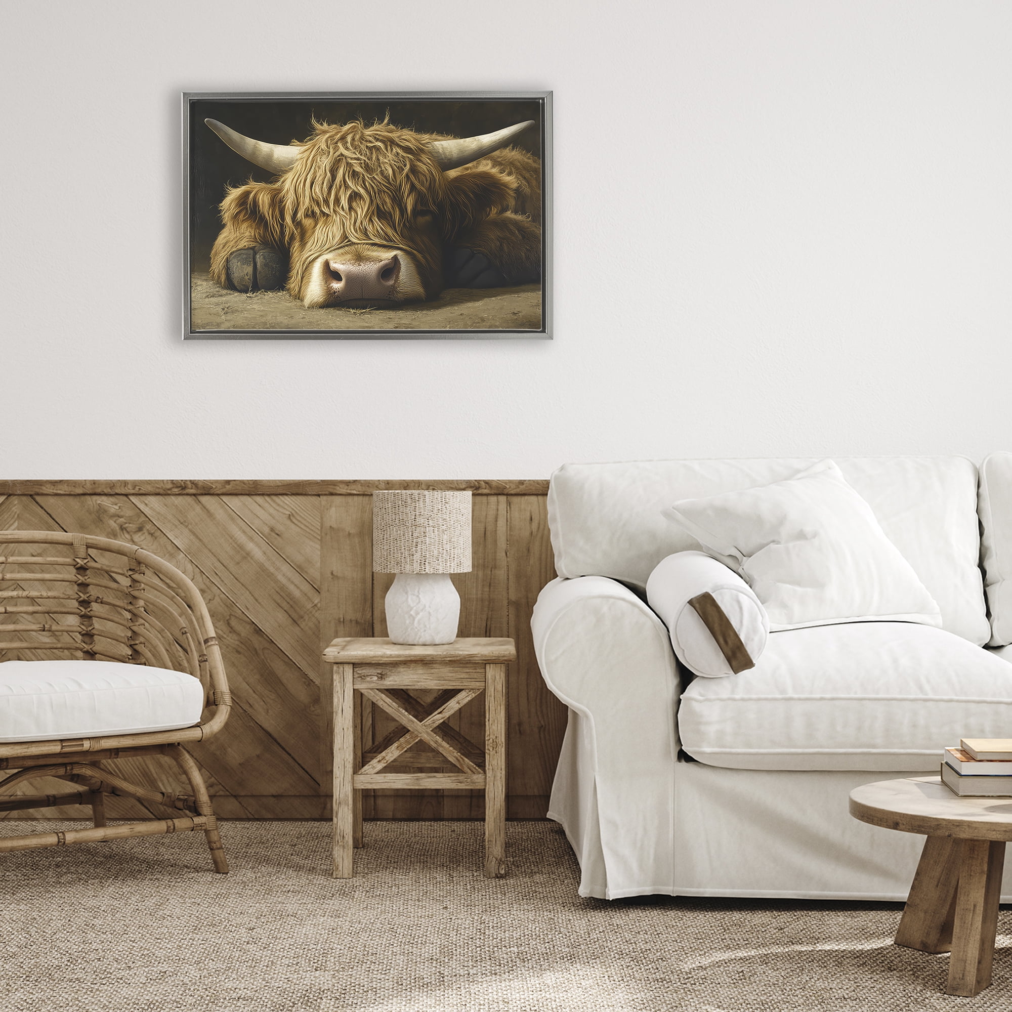 Stupell Industries Sleeping Highland Cow & Hoof Gray Framed Floater Canvas Wall Art, design by The Wands Want