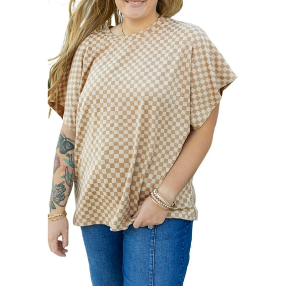 Plus Size Women's Khaki Checkerboard Short Batwing Sleeve Round Neck T-Shirt | [ZhiHiMeRi] | (US 14W-16W)1X