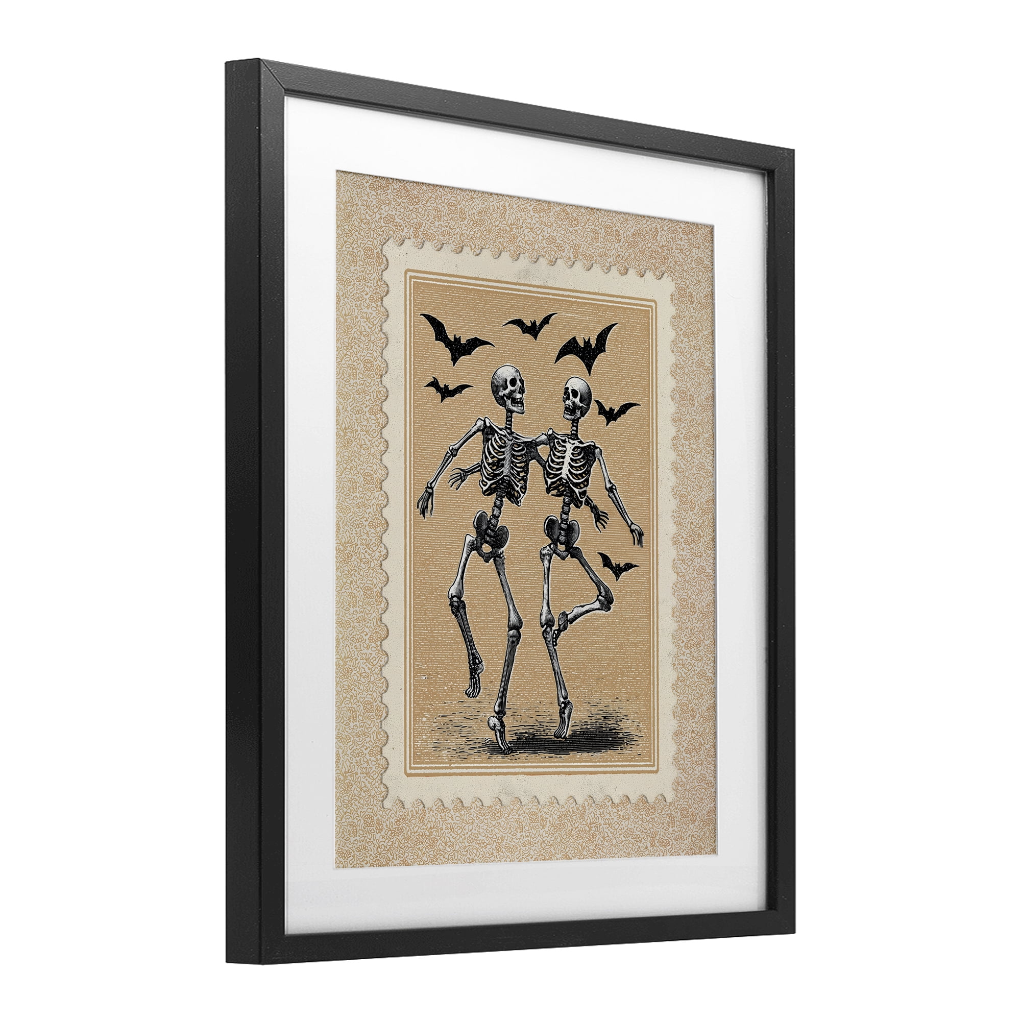 Vintage Dancing Skeletons Stamp Black Framed Print Under Glass, design by Arlington Prints