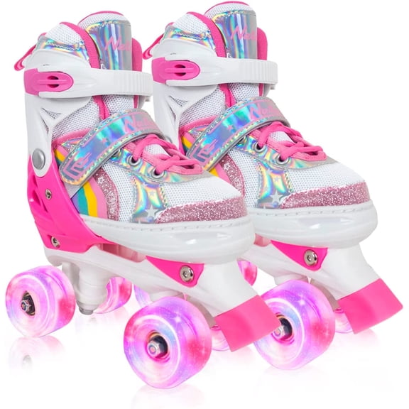 SubSun Roller Skates Rainbow for Gilrs Boys Kids 4 Sizes Adjustable Pink Size L
