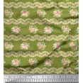 thumbnail image 1 of Soimoi Green Georgette Viscose Fabric Leaves,Peach Flower & Stripe Printed Fabric 1 Yard 42 Inch Wide, 1 of 3