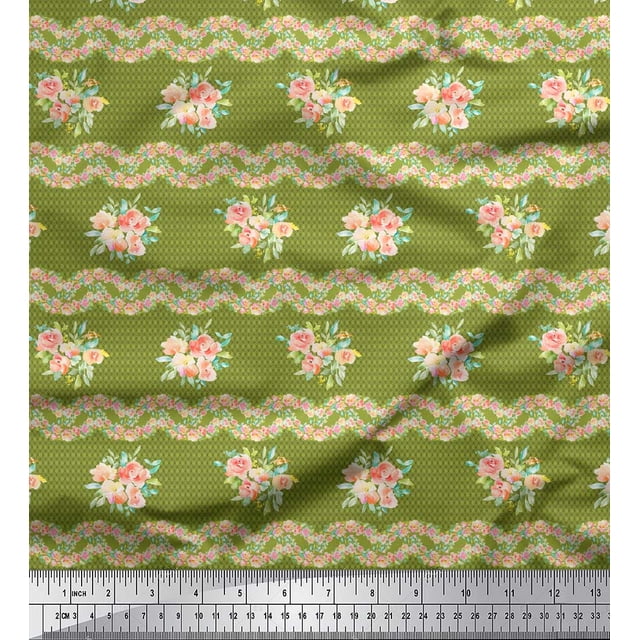 Soimoi Green Silk Fabric Leaves,Peach Flower & Stripe Print Sewing Fabric BTY 42 Inch Wide