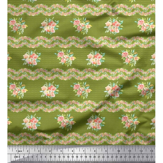 Soimoi Green Georgette Viscose Fabric Leaves,Peach Flower & Stripe Printed Fabric 1 Yard 42 Inch Wide