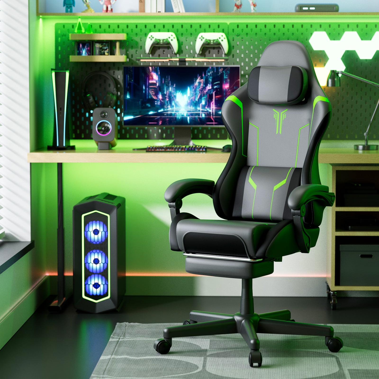 Luxvie Gaming Chair with Footrest High Back Ergonomic Gamer Chair with Headrest and Massage Lumbar Cushion Racing Reclining Video Game Chair for Adults, Black
