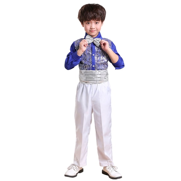 ATOGUTA Boys Dress Outfit Sequined Two Piece Set Of Student Choir Recitation And Dance Performance For Kids Size 3T-17, Blue