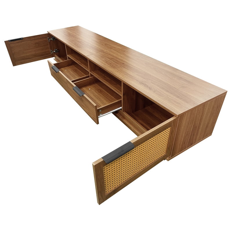 TV Stand Table for TVs Up to 85-in, Media Console Entertainment Center with Rattan Doors, Two Drawers and Open Shelving