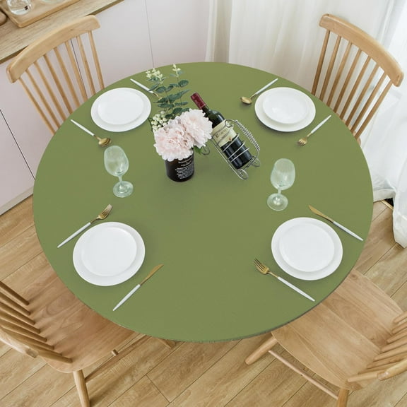 Round Fitted Vinyl Tablecloth with Elastic Edge 100% Waterproof Oil Proof PVC Table Cloth Wipe Clean Table Cover for Indoor and Outdoor, Olive Green, 45"- 52"