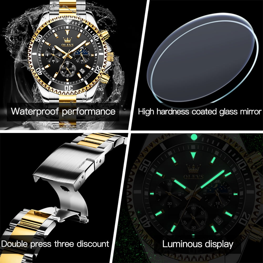 OLEVS Watches for Men Luxury Analog Quartz Chronograph Business Dress Gold Plated Stainless Steel Moon Phase Waterproof Luminous Date Casual Mens Wrist Watches Reloj Para Hombre