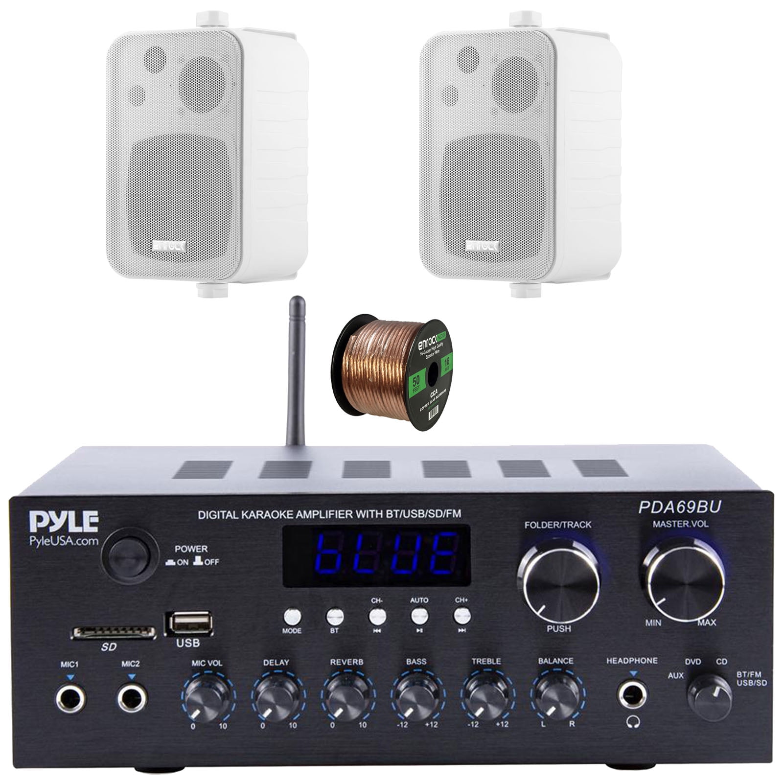 Pyle PDA69BU Bluetooth AUX/USB MP3/SD FM Radio Home Audio Sound System Stereo Amplifier Receiver, 2x Enrock 4" 30W Max Power 3-Way Indoor/Outdoor White Speakers, 50 Feet 16 Gauge Speaker Wire
