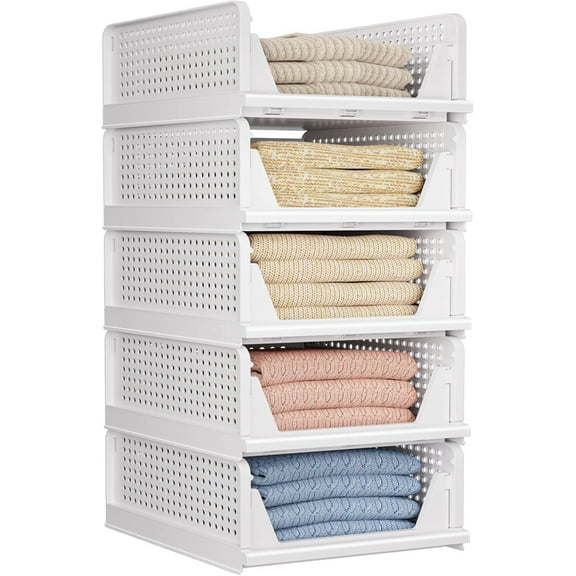5 Pack Closet Organizers Storage Box, Closet Storage Stackable Storage Bins, Plastic Drawer Basket for Wardrobe Cupboard Kitchen Bathroom Office, White