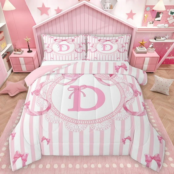 Homewish Letter Monogrammed C 2pcs Bedding Comforter Set For Kids Children Teens,Kawaii Ribbon Bowknot Twin Comforter Sets,Geometric Stripes Breathable Bedding Set,Super Cozy Room Decor,Reversible