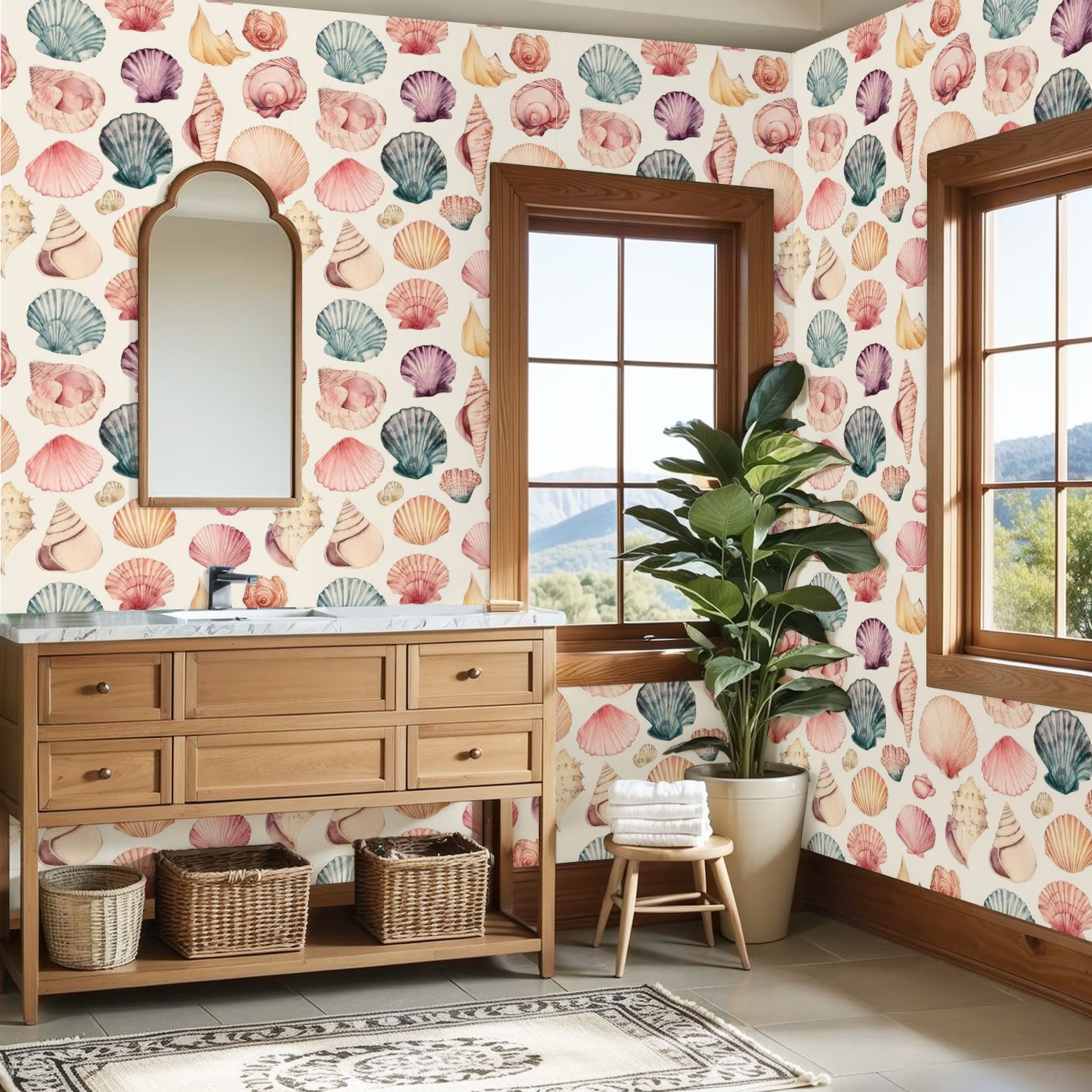 Coastal Peel and Stick Wallpaper Watercolor Seashell Soft Pastel Colors Contact Paper 23.6in x 9.8ft Wallpaper Removable Self Adhesive Wall Paper for Bedroom