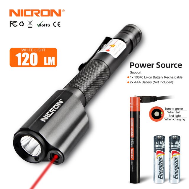 NICRON B24 LED Flashlight Inspection Penlight with Red Laser Pointer