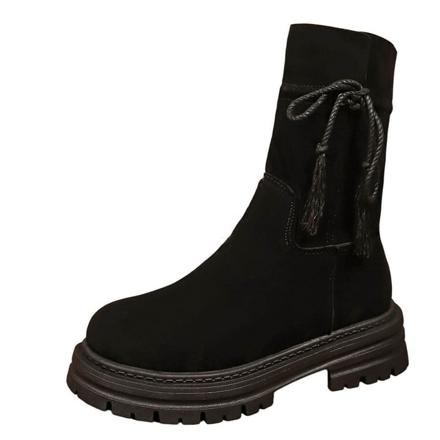 Bottes d'Hiver pour Femmes, Style Britannique Talon Plissé Bottes Décontractées Polyvalentes