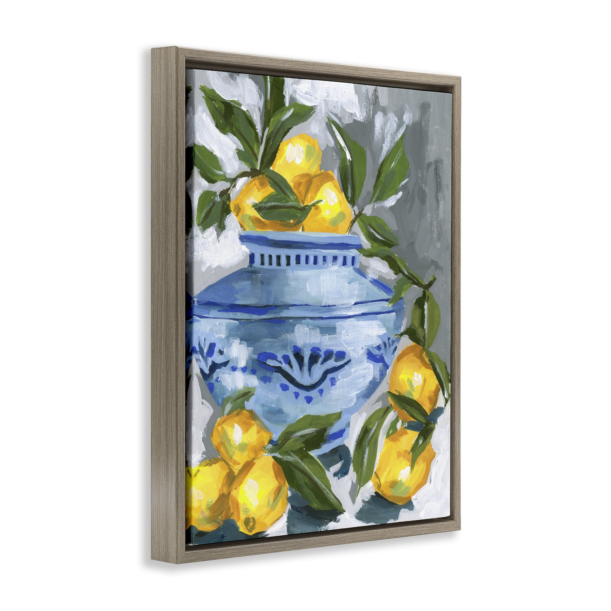 Stupell Industries Indigo & Lemon Vase Brown Framed Floater Canvas Wall Art, design by Melissa Wang