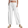 thumbnail image 3 of Womens Wide Leg Pants Plus Size Linen High Waisted Elastic Waist Drawstring Hippie Pants Stretchy Ankle Length Beach Gaucho Pantswith Pockets White XL, 3 of 9