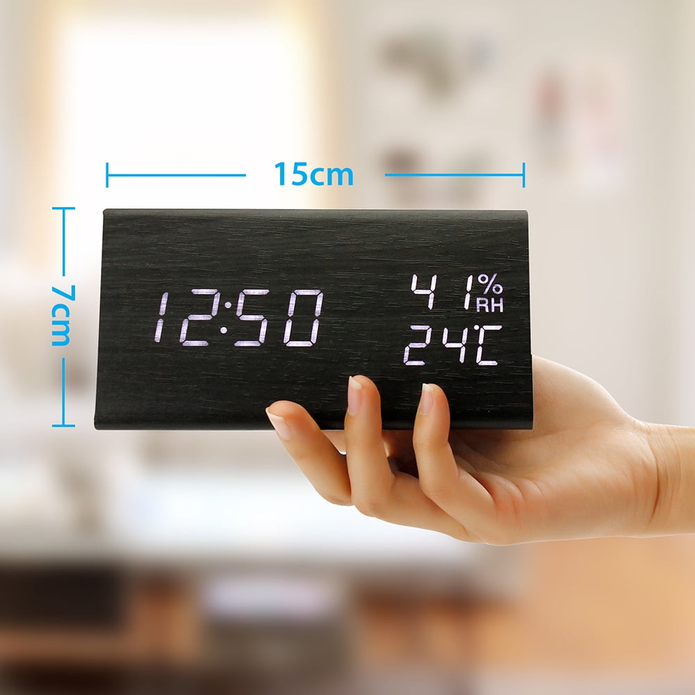 Upgraded with Time Temperature Adjustable Brightness and Voice Control Black Humidity Displaying OCT17 Wooden Alarm Clock Smart LED Digital Clock for Bedroom/desks 
