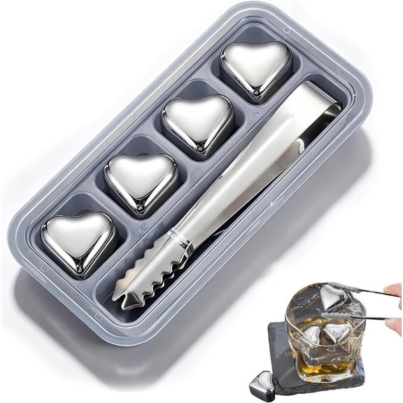 Heart-Shaped Stainless Steel Reusable Ice Cubes Set, 304 Stainless Steel Heart Shaped Ice Cubes Set, Reusable Metal Chilling Stones for Whiskey, Wine, Cocktails with Storage Box and Tongs (1 Set)