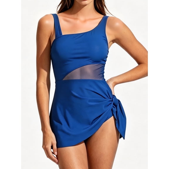 MecTo Women's 2 Piece Skirted Tankini Set Asymmetric Shoulder Tummy Control Tie Knot Bathing Suit