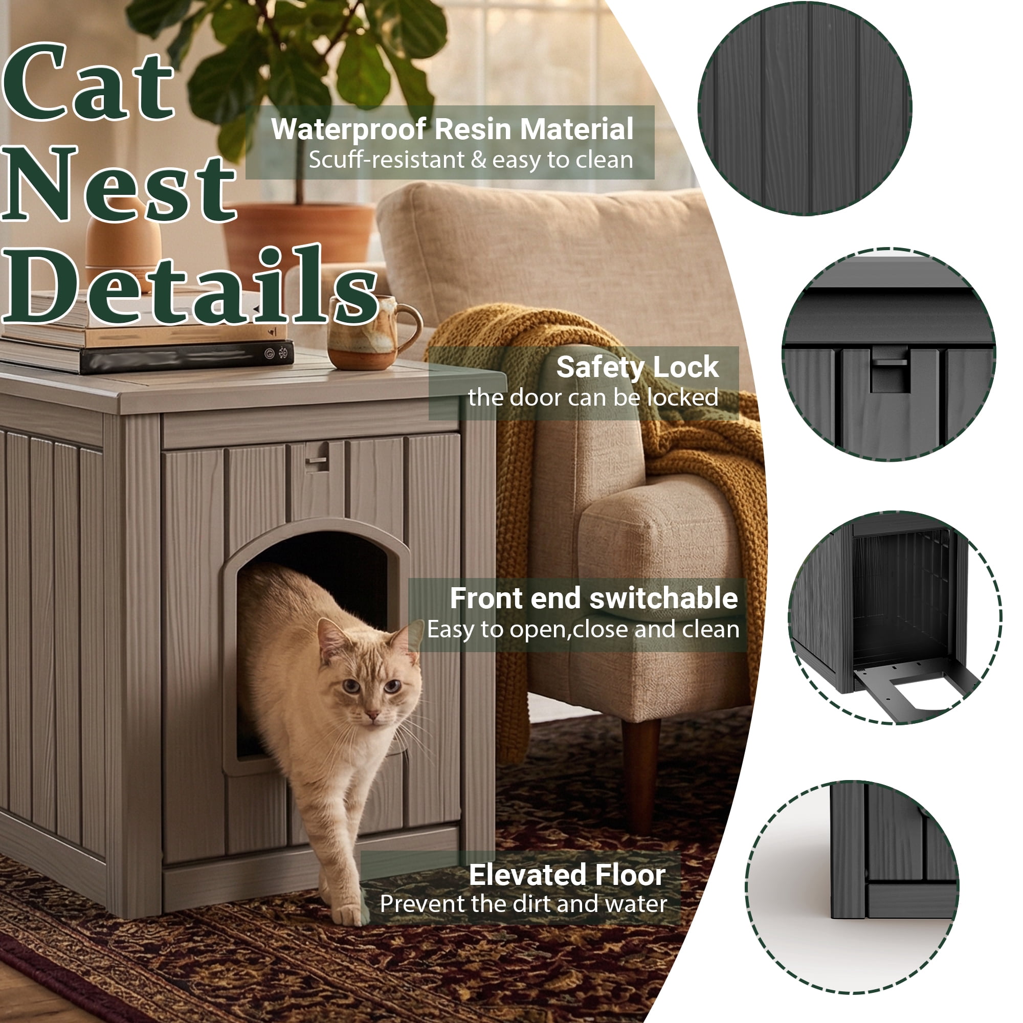 fazzn Multifunctional Cat House with Door, Indoor Outdoor Decorative Cat Shelter, Dual Use Pet House for Cat & Small Dog, Easy to Clean & Assembly.Brown/Black,Father's Day Gift