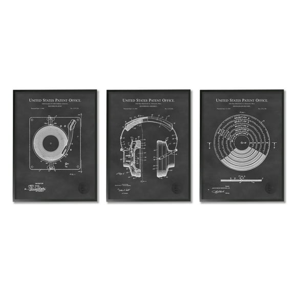 Stupell Industries Vintage Music Headphones Record Player Turntable Blueprint Framed Wall Art, 16 x 20, Design by Karl Hronek