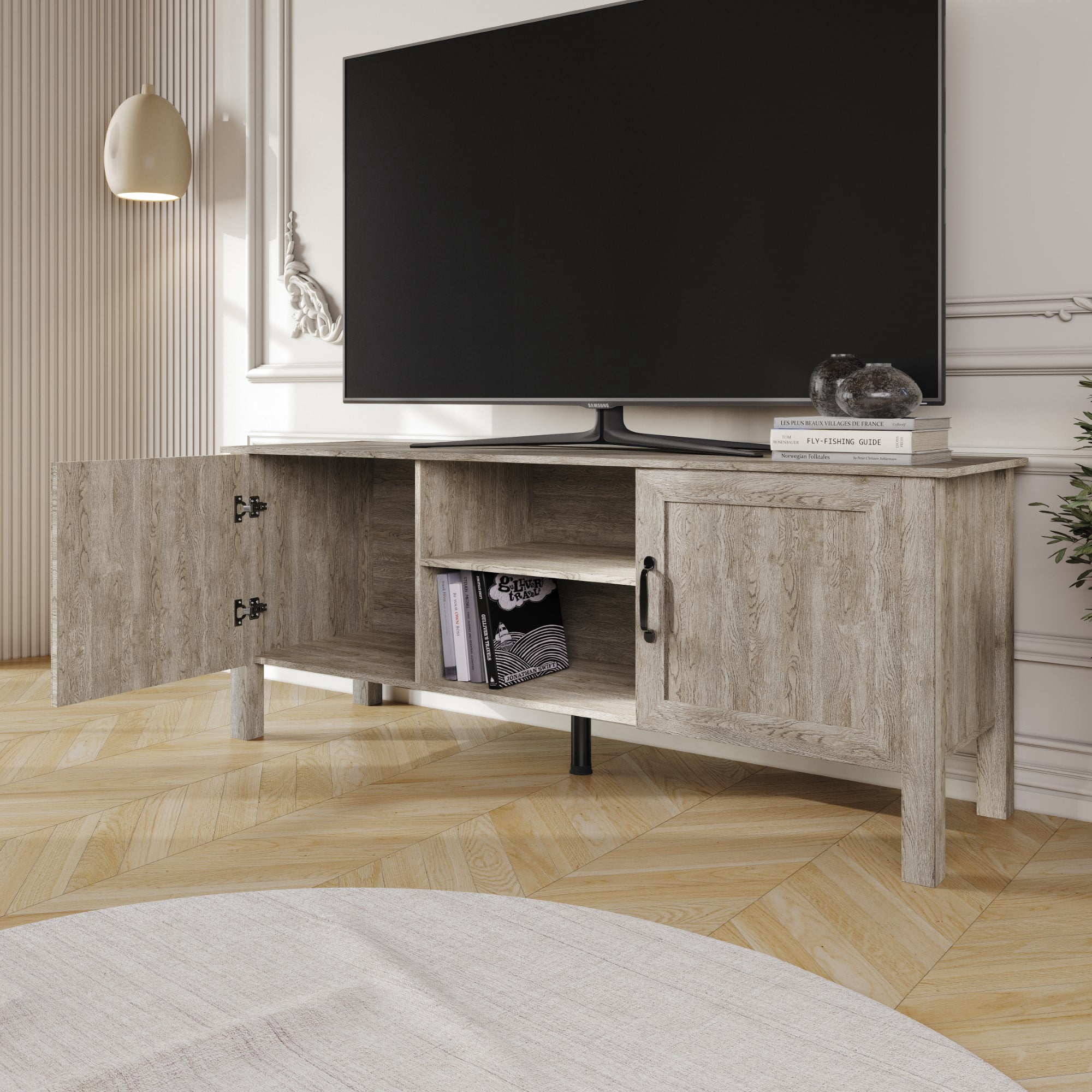 Home Design Topeka 55" TV Stand with Open Shelves and Storage Compartments, Modern Rustic Design for Living Room, Antique Gray