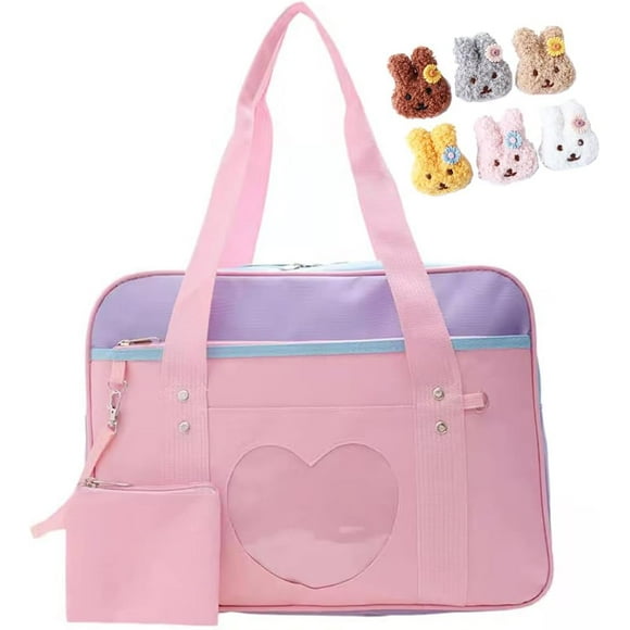 Sac Kawaii en Forme de Cœur avec Portefeuille Kawaii & Poupée Rabbit, Sac d'École Japonais Kawaii Sac à Bandoulière pour Femmes Sac pour Ordinateur Portable Kawaii Sac à Dos Filles