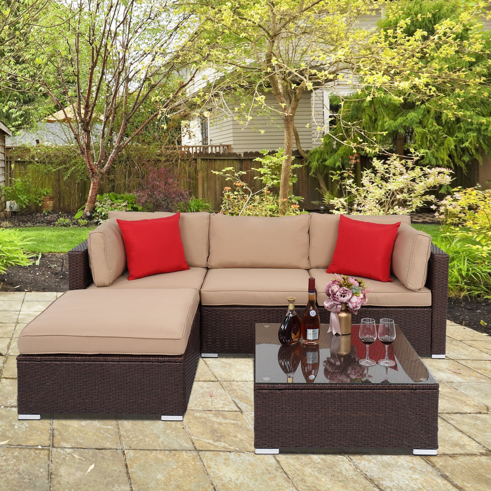 Buy Rattan Patio Sofa Set, 5 Pieces Outdoor Sectional Furniture Set