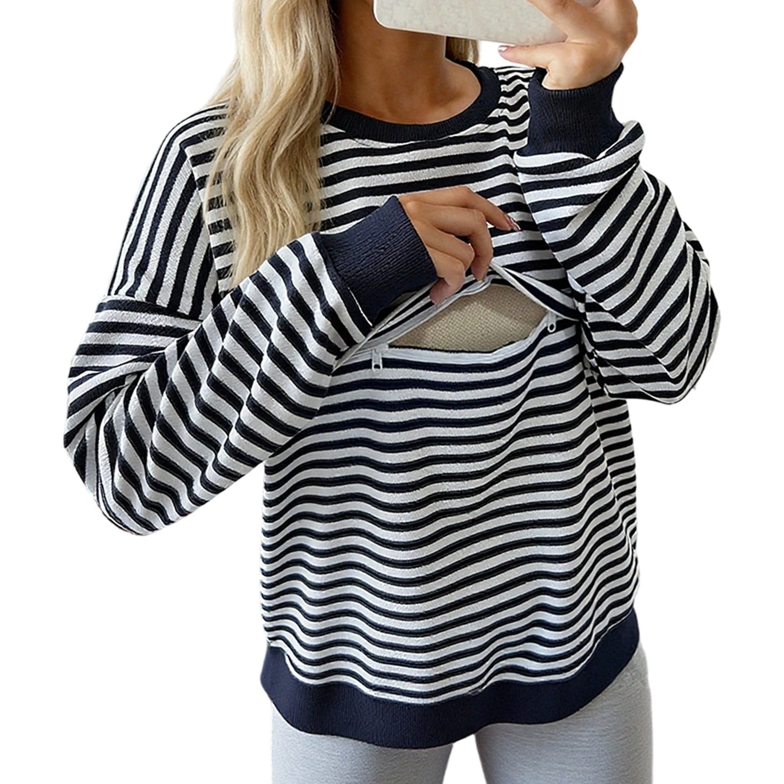 Gyujnb Contrast Ribbed Crew Neck Maternity Nursing Sweatshirt Horizontal Stripe Knit Front Hidden Zipper Feeding Opening Relaxed Drop Shoulder Long Sleeve Soft Top,3XL